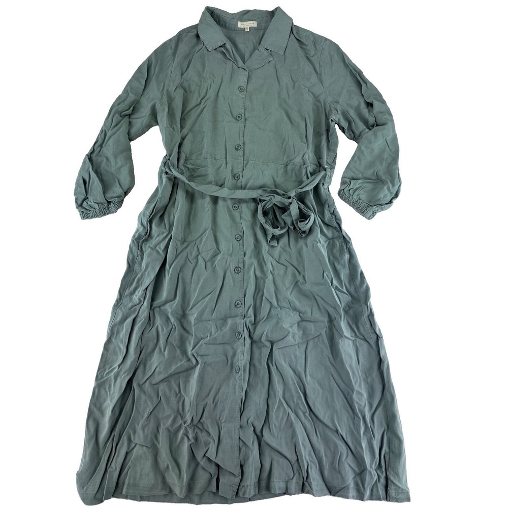 Side Stitch Long Sleeve Button Front Midi Dress Size 2X Jade Green Long